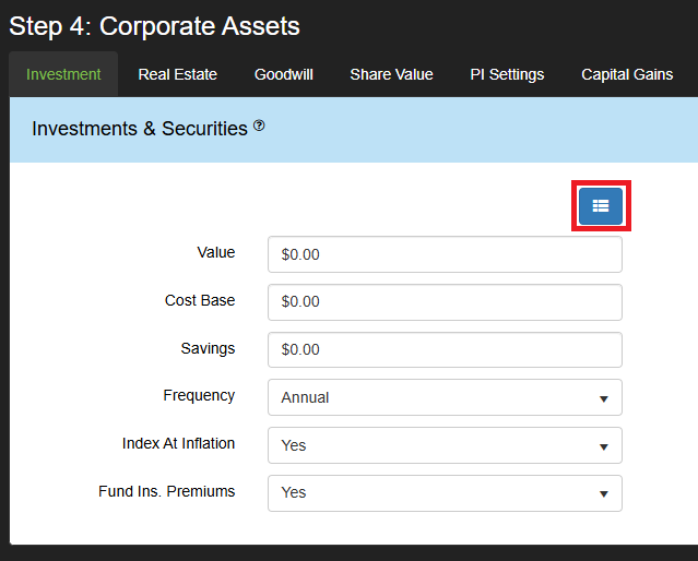 Corporate Assets UI - Investments and securities